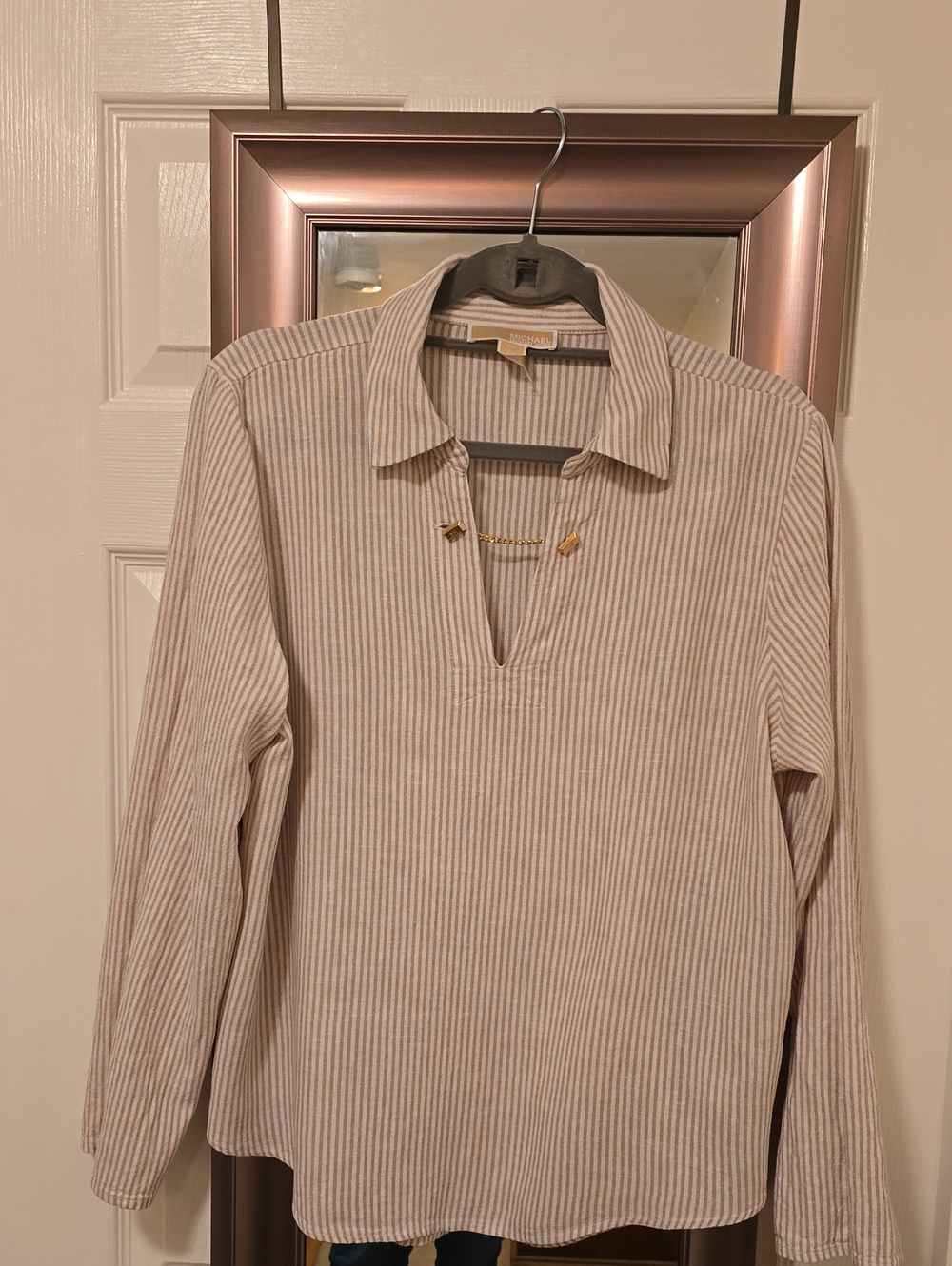 Michael Kors Beige and White Striped Long-Sleeve Button-Down Shirt